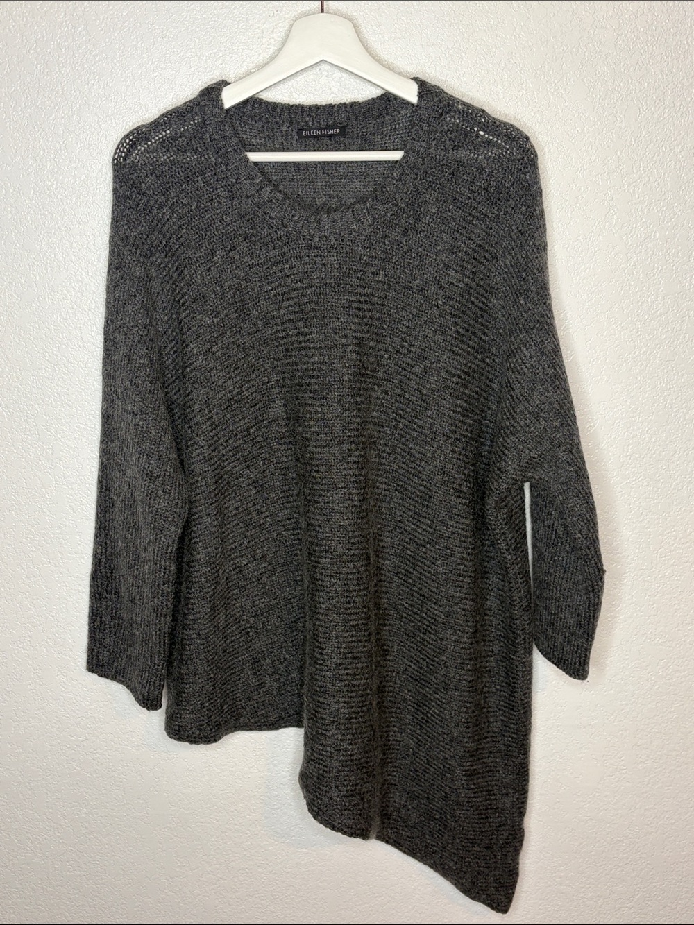 Eileen Fisher Charcoal Gray Asymmetrical Hem 3/4 Sweater Size Large Lagenlook